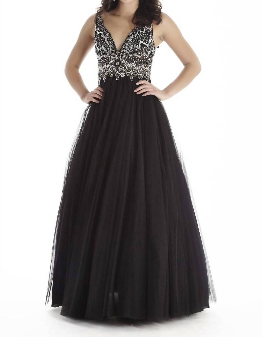 NEW JOSH & JAZZ beaded v neck tulle prom dress in black/silver
